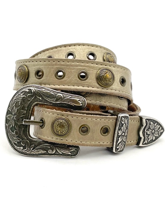 Vintage Accessories - Vintage Western Leather Belt Taupe Tan Studded Floral Engraved Buckle Size XL